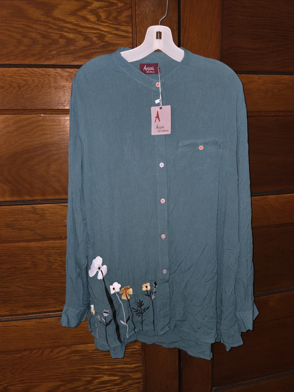 Avani Del Amour Teal Button-Down Embroidered Floral Womans Top